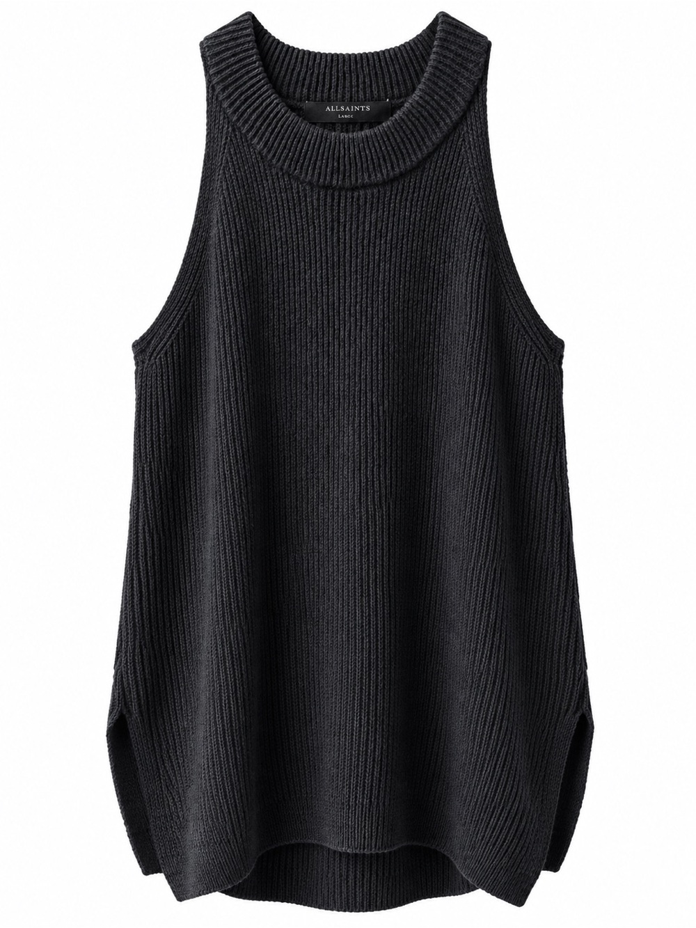 All Saints Black Ribbed Crewneck Sleeveless Tunic Tank